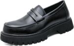 Men's Leather Platform Chunky Slip-On Penny Loafers Classic Round Toe Lug Sole Business Casual Formal Work Shoes