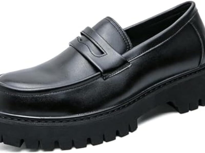 Men's Leather Platform Chunky Slip-On Penny Loafers Classic Round Toe Lug Sole Business Casual Formal Work Shoes