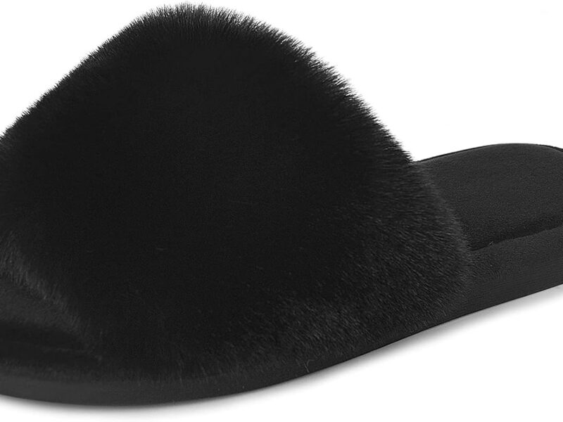 Women's Faux Fur Slippers – Fluffy Open-Toe Memory Foam Slides with Anti-Slip Sole, Indoor & Outdoor House Shoes