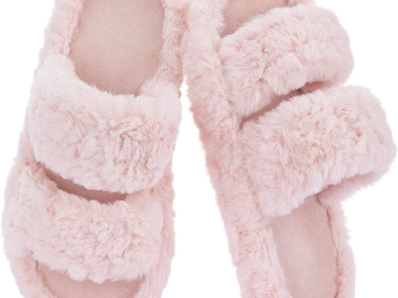 Women’s Pluffie Slippers with Arch Support & Memory Foam, Cozy Faux Fur Open Toe House Shoes, Gift-Ready Indoor Outdoor Comfort