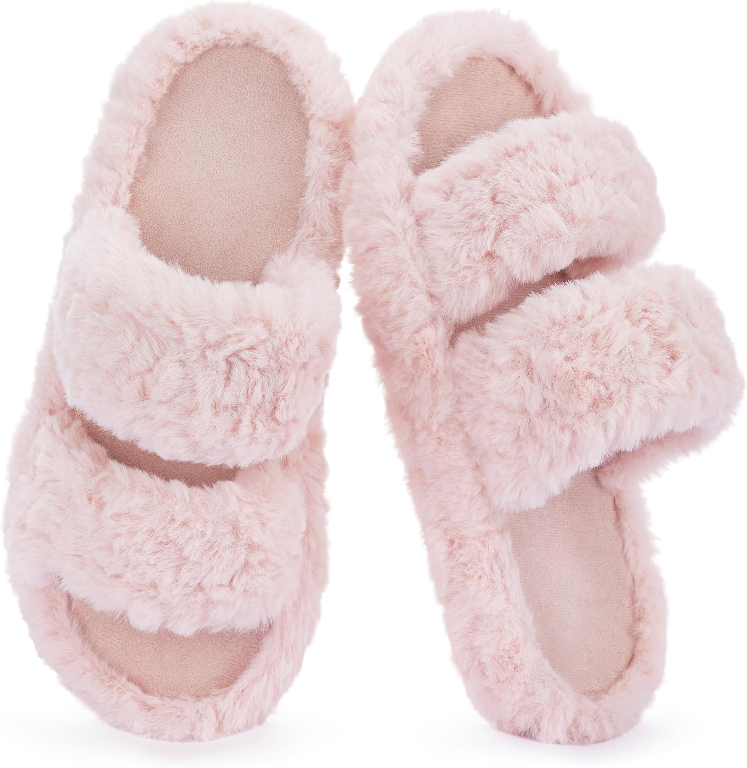 Women’s Pluffie Slippers with Arch Support & Memory Foam, Cozy Faux Fur Open Toe House Shoes, Gift-Ready Indoor Outdoor Comfort