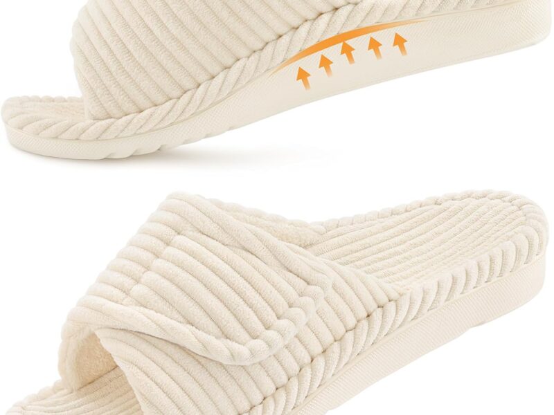 Orthopedic Slippers for Women Arch Support Indoor House Slippers Adjustable Open Toe Corduroy Bedroom Shoes with Memory Foam for Plantar Fasciitis