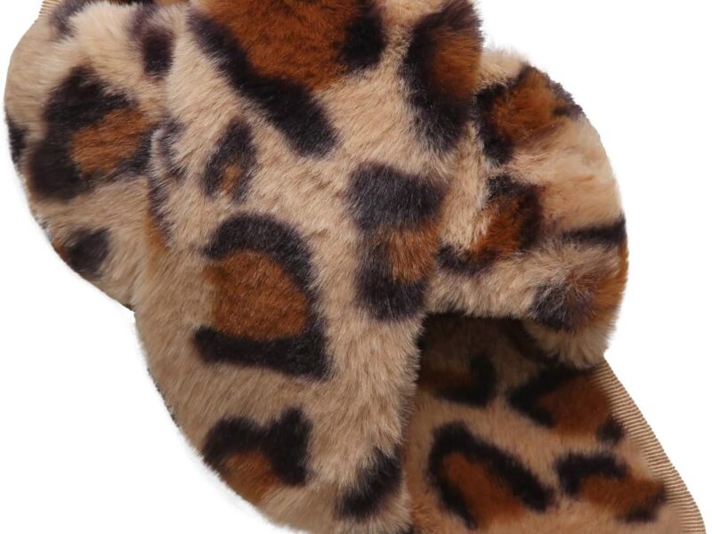 Women’s Cross Band Slippers, Soft Plush Fleece Lightweight Non Slip Open Toe Flip Flop Shoes House Indoor Outdoor Fur Fuzzy Slippers