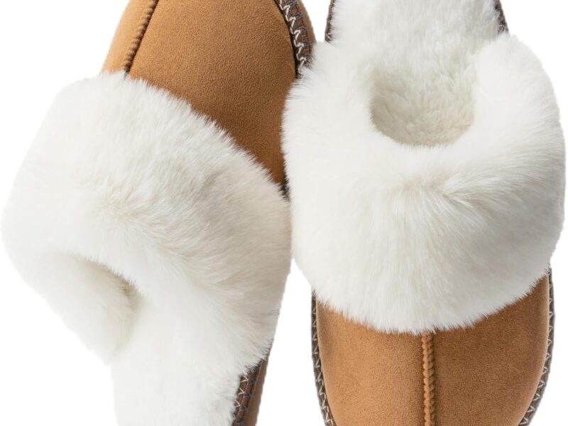 Fuzzy Slippers for Women with Memory Foam Warm Winter Faux Fur Slippers House Shoes Indoor Outdoor Mothers Day Gifts for Women Mom Suede Anti-Skid