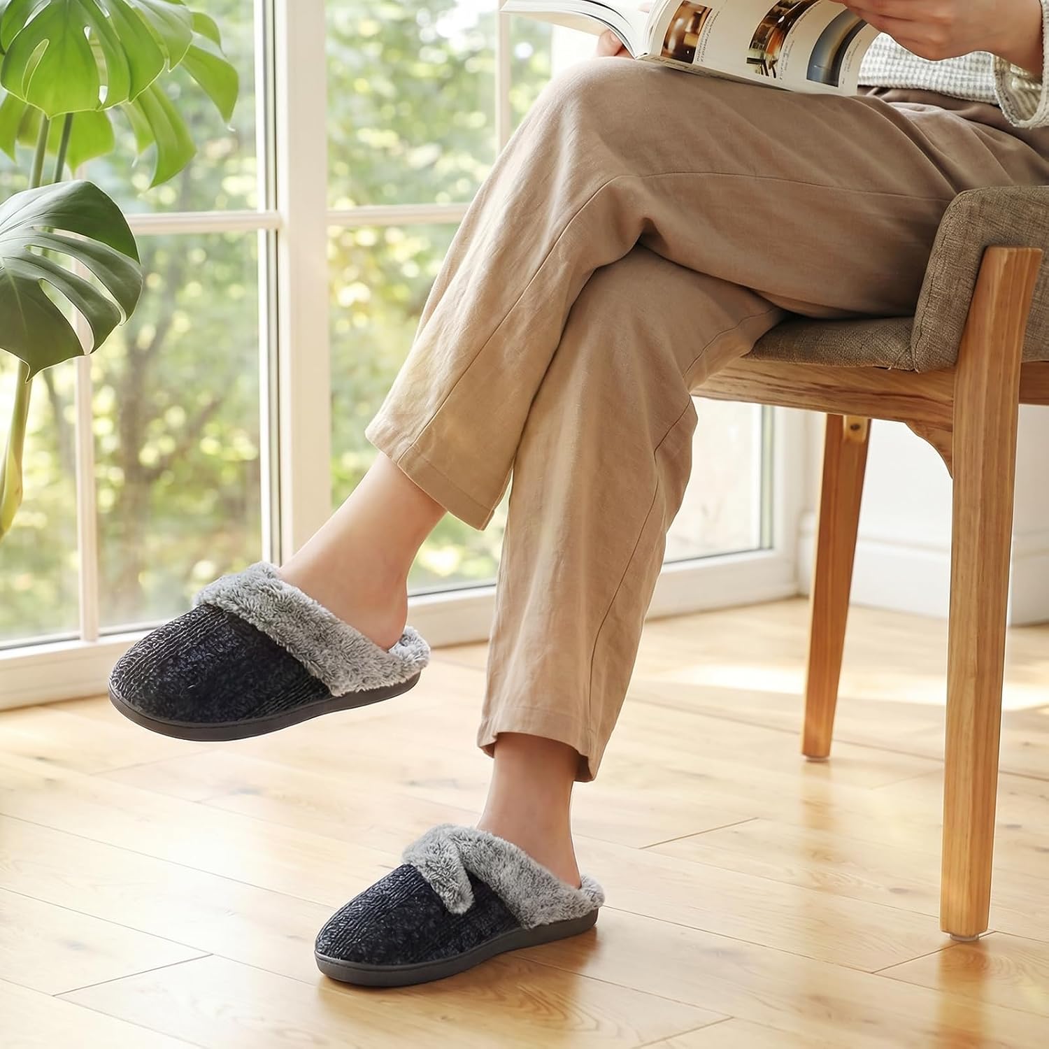 Slippers for Women Fuzzy House Slip on Indoor Outdoor Bedroom Furry Fleece Lined Ladies Comfy Memory Foam Female Home Shoes Anti-Skid Rubber Hard Sole - Image 2