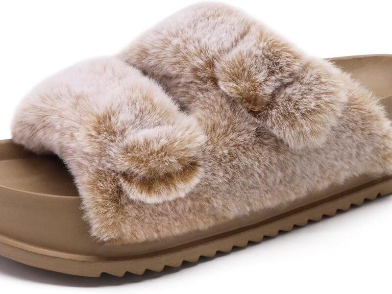 Women's Fluff Slippers Plantar Fasciitis Arch Support Platform Slippers Ladies Fashion Open Toe Faux Fur Sliders Womens House Slipper Size 6-12