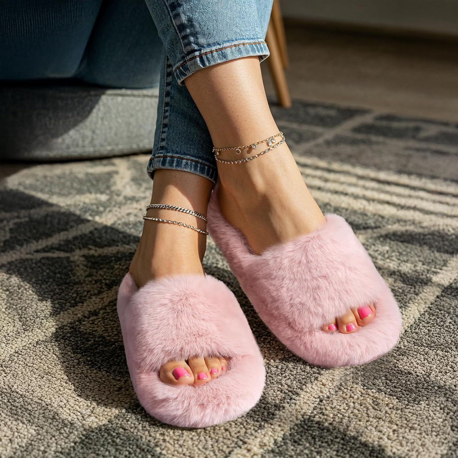 Womens Slippers with Arch Support Memory Foam Fuzzy House Slippers for Women Lightweight Cozy Indoor Open-toe Comfy Birthday Valentine's Day Gifts - Image 2