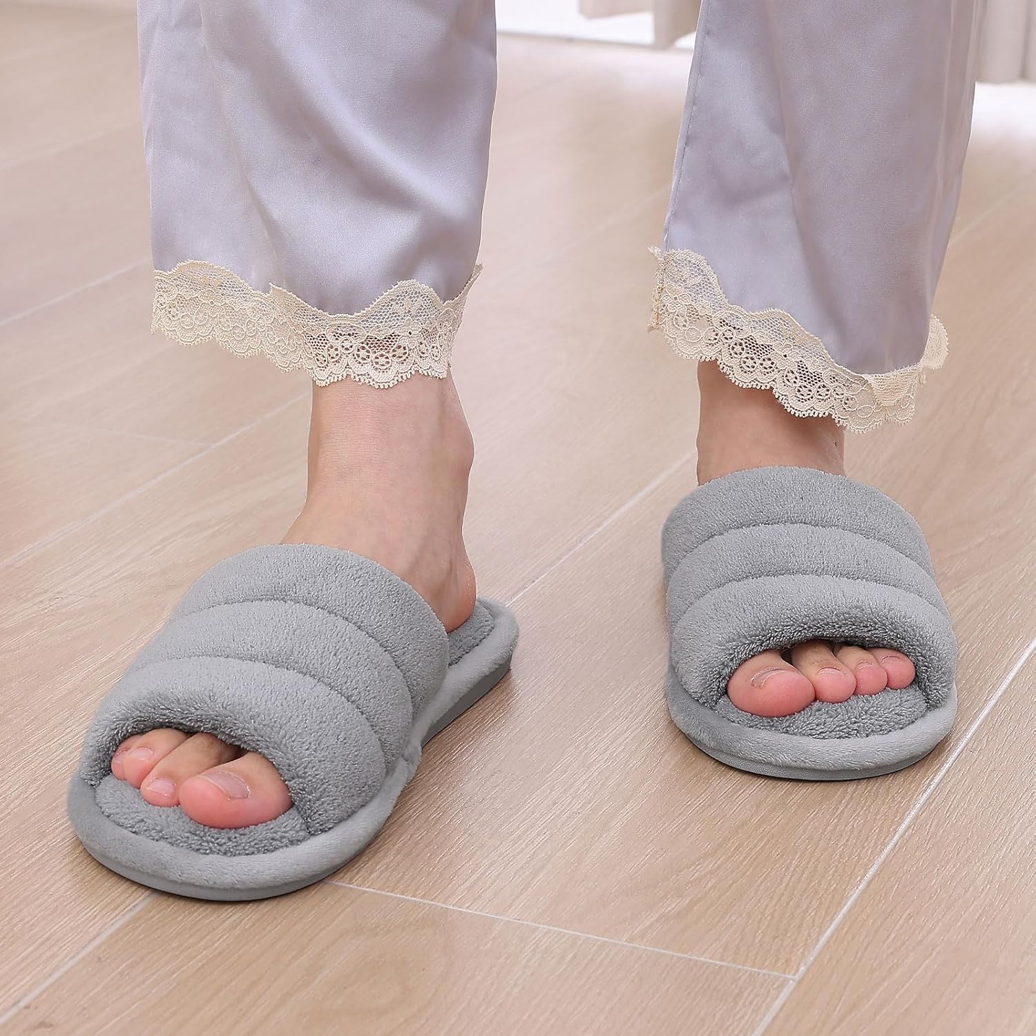 Terry Cloth Open Toe Slippers for Women Memory Foam Slip On House Slippers - Image 2