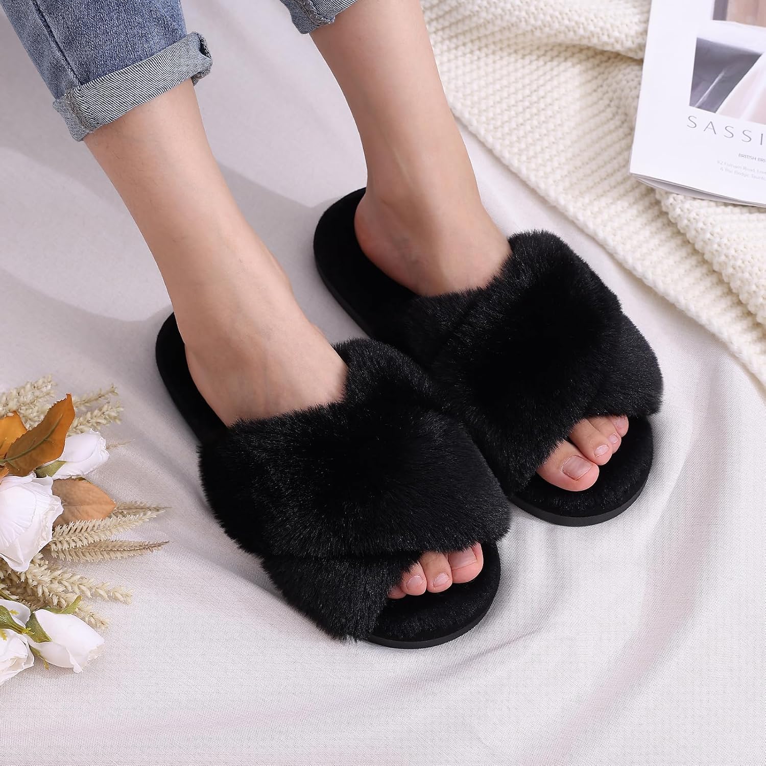 Women's Fuzzy Slippers Cross Band Memory Foam House Slippers Open Toe - Image 2