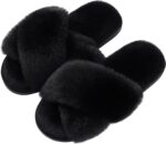 Women's Fuzzy Slippers Cross Band Memory Foam House Slippers Open Toe