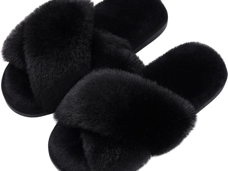 Women's Fuzzy Slippers Cross Band Memory Foam House Slippers Open Toe